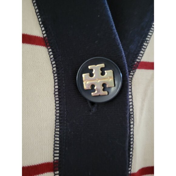 Tory Burch Blue cream stripe cardigan logo Size Small Preppy old Money Preppy - Picture 3 of 7